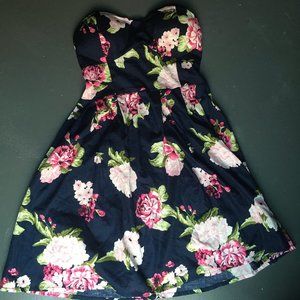 Navy Blue Strapless Floral Dress